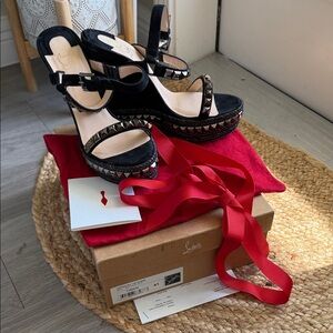 Christian Louboutin Cataclou Black Suede Studded Wedge Sandals Size 41
